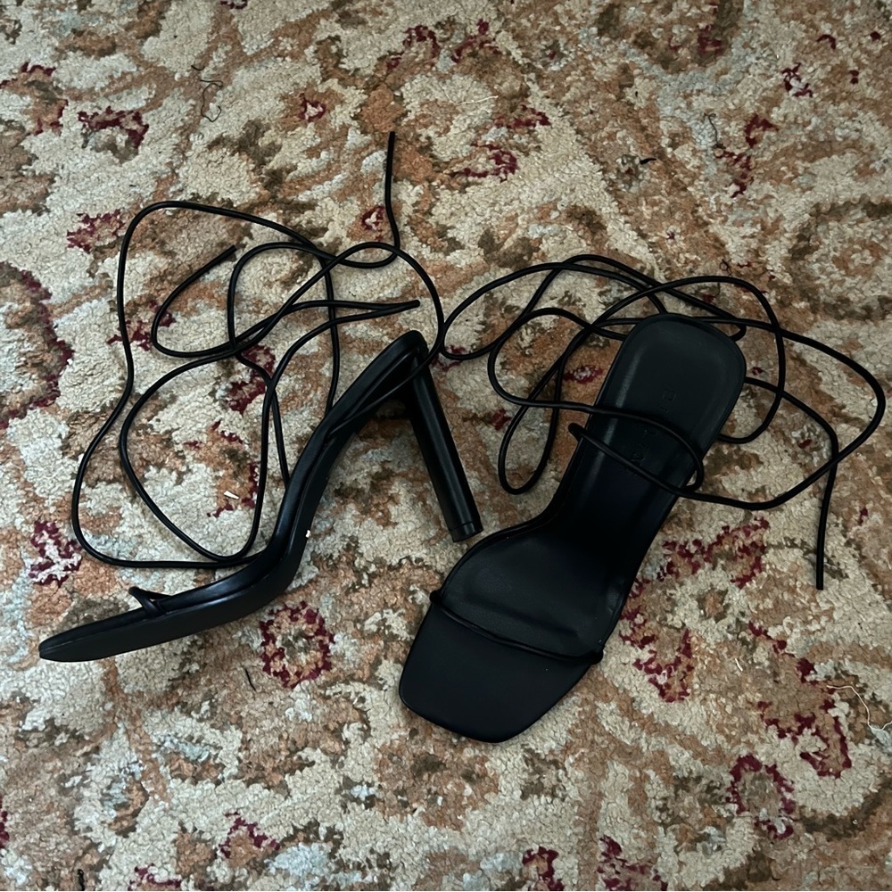 Princess Polly Billini Page Black Ankle Wrap Lace Up Square Toe Heels 10